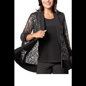 Susan Graver Women's Occasions Sequin Cardigan and Knit Tank Blk - Petite
